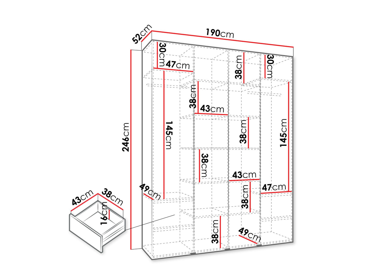 Gardróbszekrény Szafa COMO 3 170/180/190/200 (gł.40/50), Szín: Fehér, Fogantyú színe: Aranysárga, Fiókok: Igen, Szélesség: 190 cm, Mélység: 52 cm