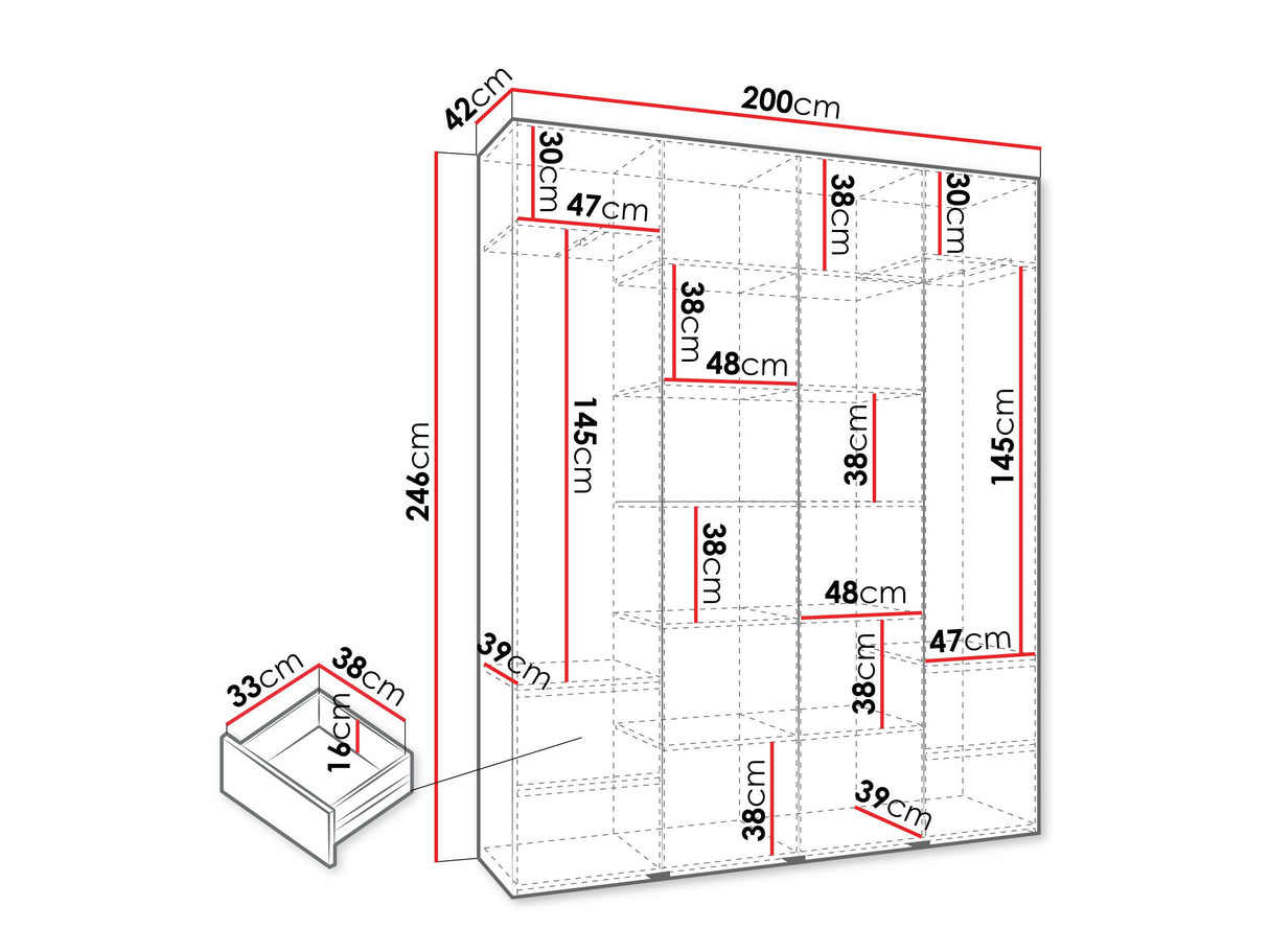 Gardróbszekrény Szafa COMO 3 170/180/190/200 (gł.40/50), Szín: Fehér, Fogantyú színe: Fekete, Fiókok: Igen, Szélesség: 200 cm, Mélység: 42 cm