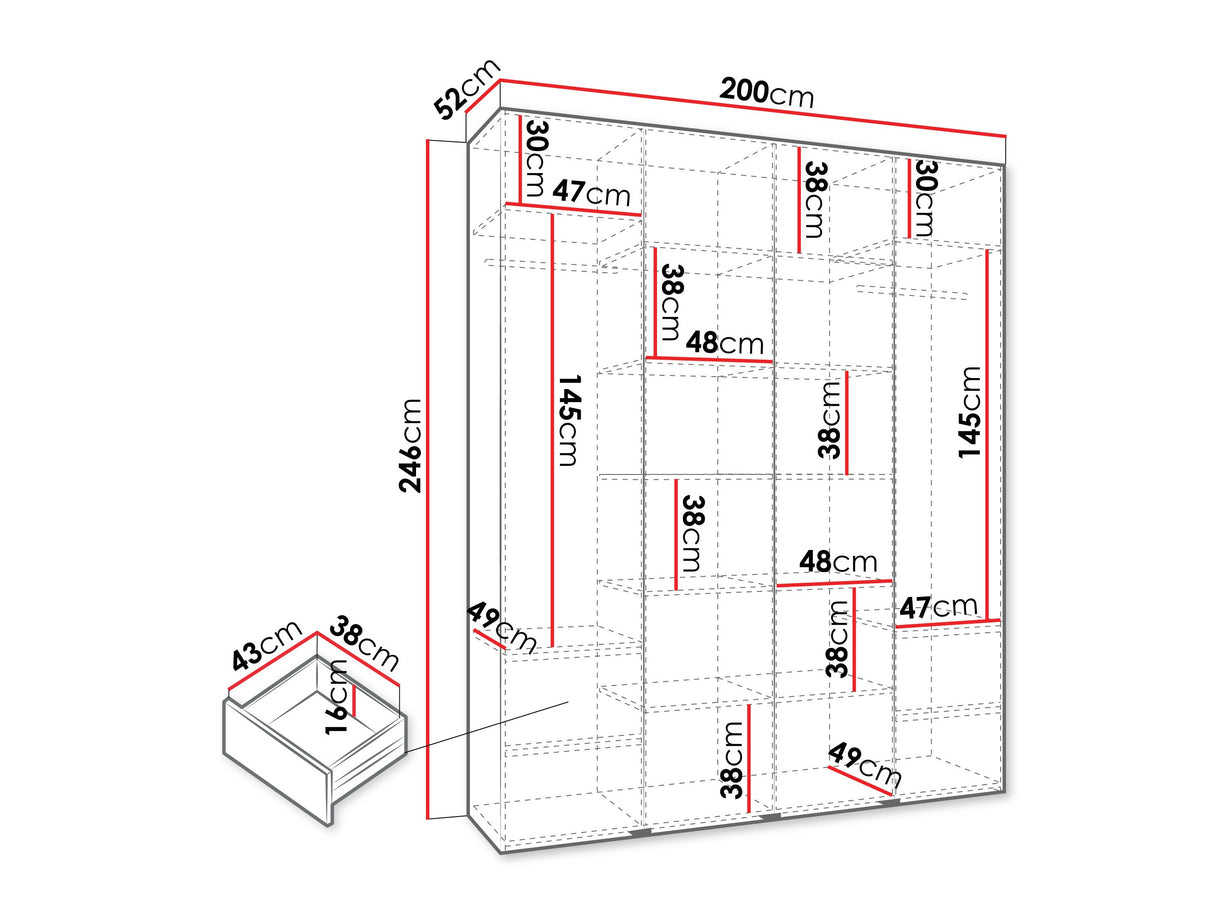 Gardróbszekrény Szafa COMO 3 170/180/190/200 (gł.40/50), Szín: Fehér, Fogantyú színe: Fekete, Fiókok: Igen, Szélesség: 200 cm, Mélység: 52 cm