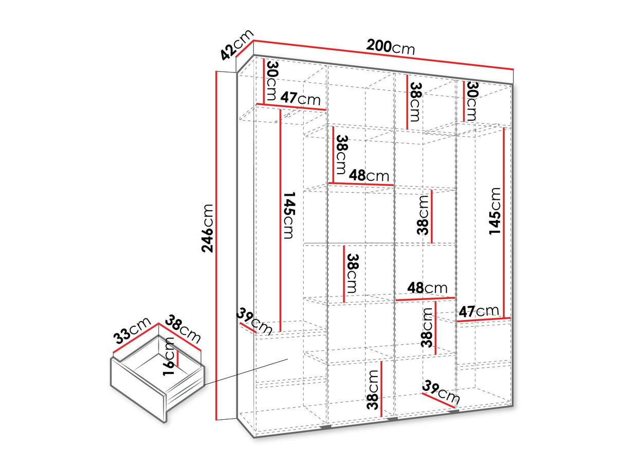 Gardróbszekrény Szafa COMO 3 170/180/190/200 (gł.40/50), Szín: Fehér, Fogantyú színe: Aranysárga, Fiókok: Igen, Szélesség: 200 cm, Mélység: 42 cm