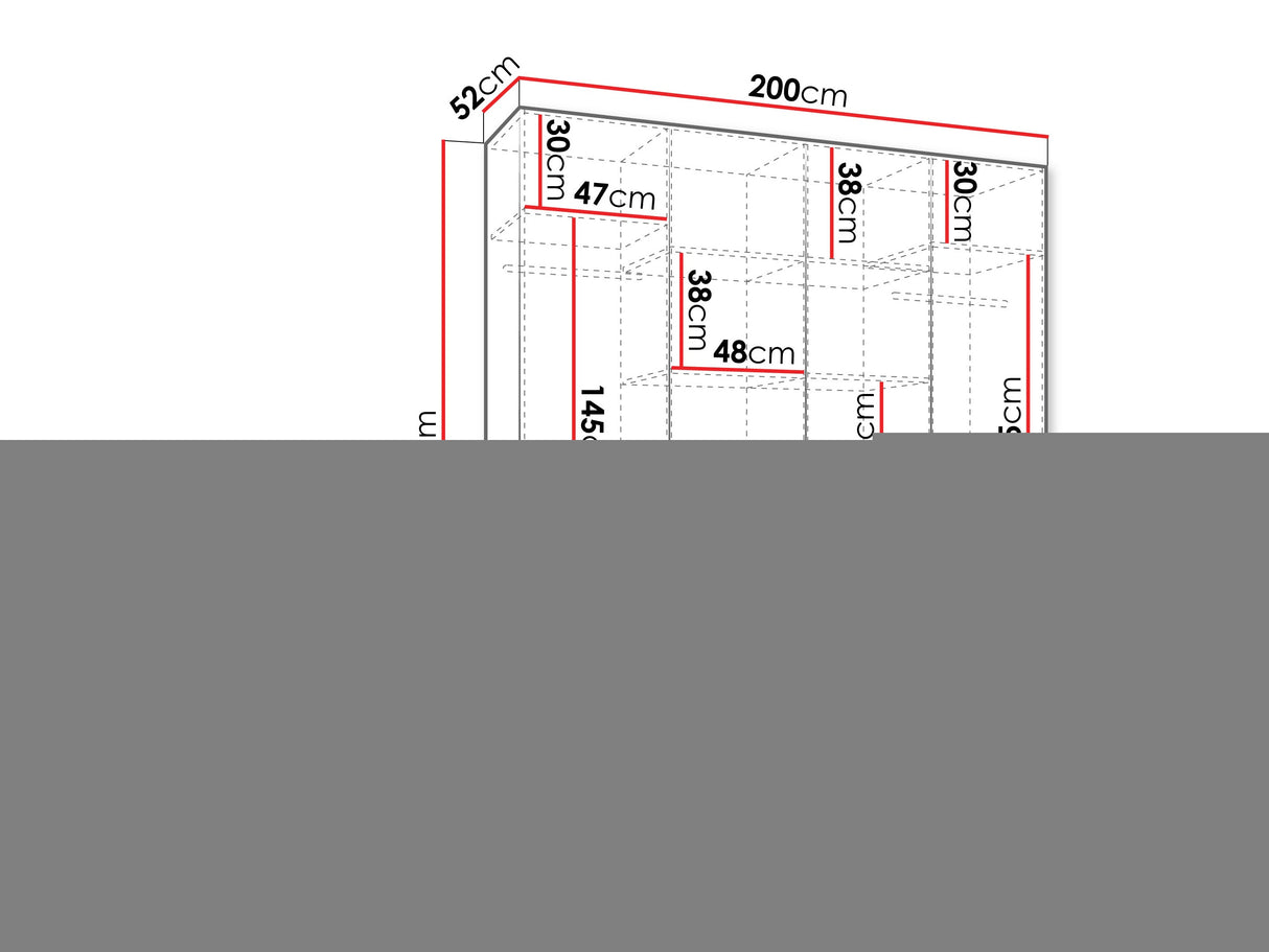 Gardróbszekrény Szafa COMO 3 170/180/190/200 (gł.40/50), Szín: Fehér, Fogantyú színe: Aranysárga, Fiókok: Igen, Szélesség: 200 cm, Mélység: 52 cm