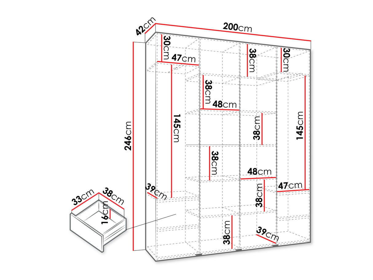 Gardróbszekrény Szafa COMO 3 170/180/190/200 (gł.40/50), Szín: Kasmír, Fogantyú színe: Fekete, Fiókok: Igen, Szélesség: 200 cm, Mélység: 42 cm