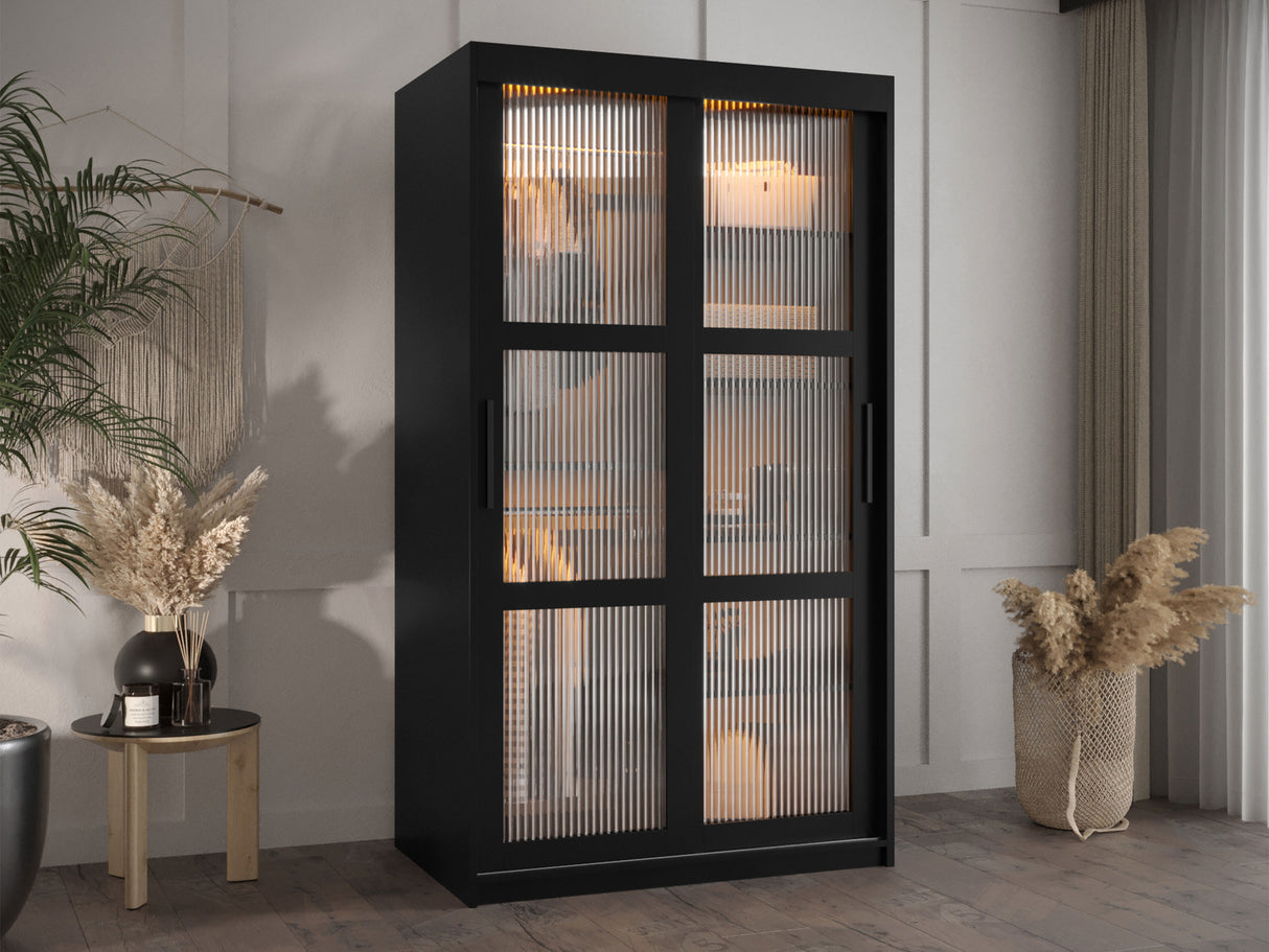 Gardróbszekrény Szafa 100 FLUTES, Szín: Fekete, Fiókok: Igen, Szélesség: 100 cm, Led világítás: Igen