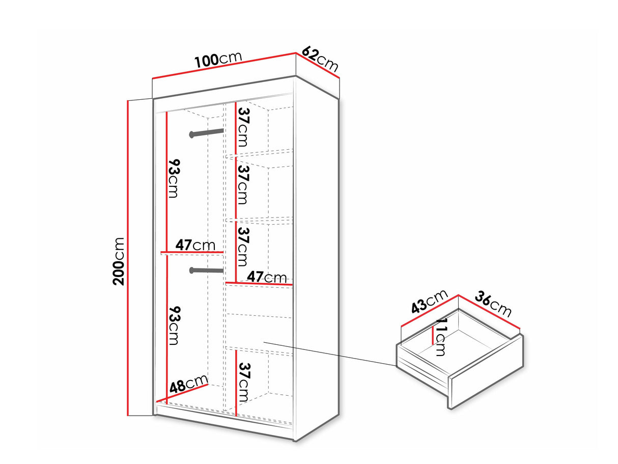 Gardróbszekrény Szafa 100 FLUTES, Szín: Fehér, Fiókok: Igen, Szélesség: 100 cm, Led világítás: Igen