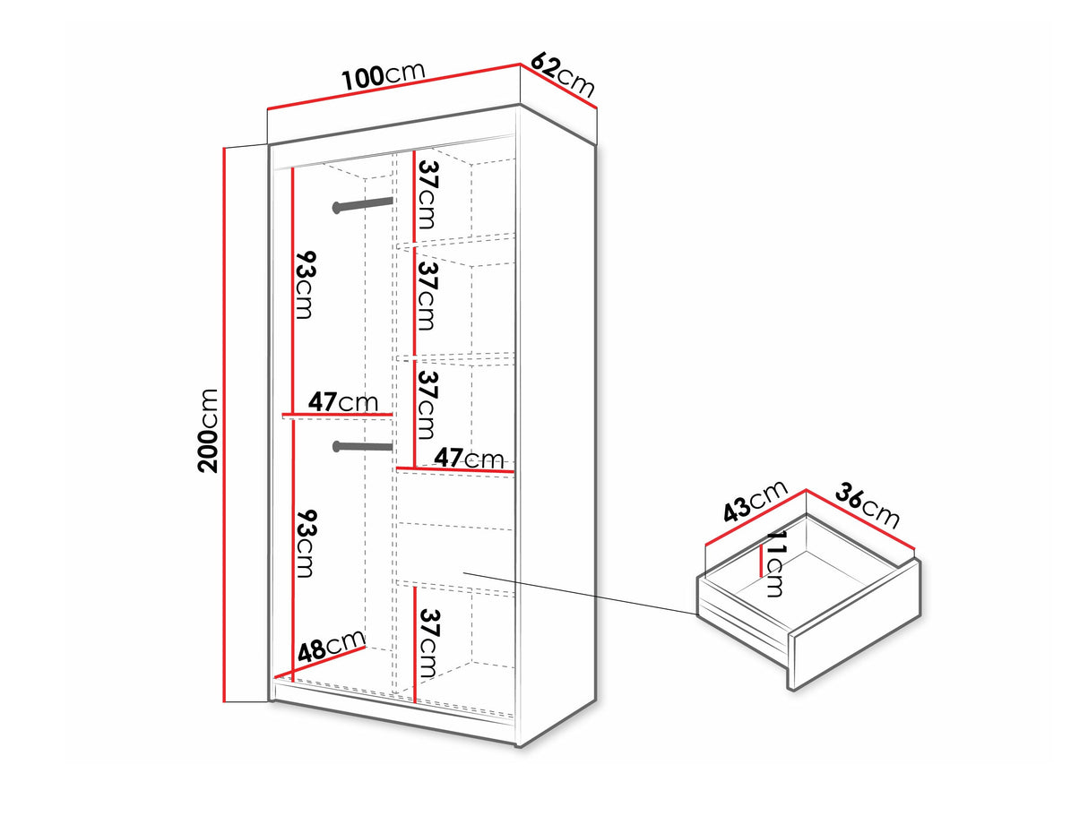 Gardróbszekrény Szafa 100 FLUTES, Szín: Fekete, Fiókok: Igen, Szélesség: 100 cm, Led világítás: Nem