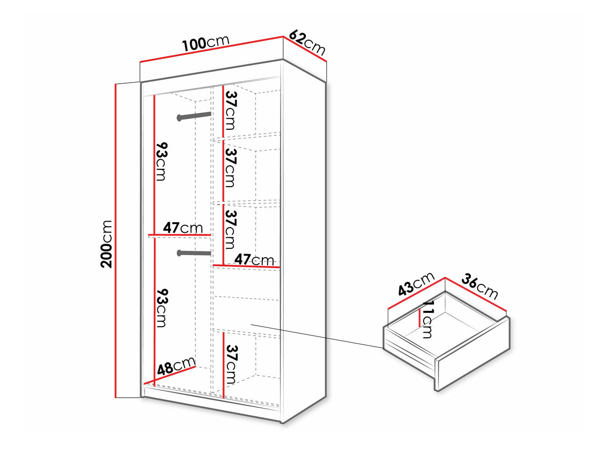 Gardróbszekrény Szafa 100 FLUTES 2, Szín: Fehér, Fiókok: Igen, Szélesség: 100 cm, Led világítás: Igen