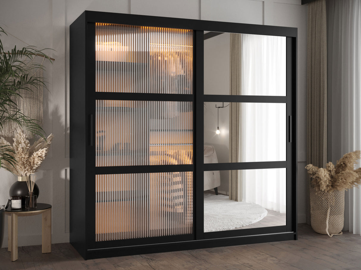 Gardróbszekrény Szafa 100 FLUTES 2, Szín: Fekete, Fiókok: Igen, Szélesség: 180 cm, Led világítás: Igen