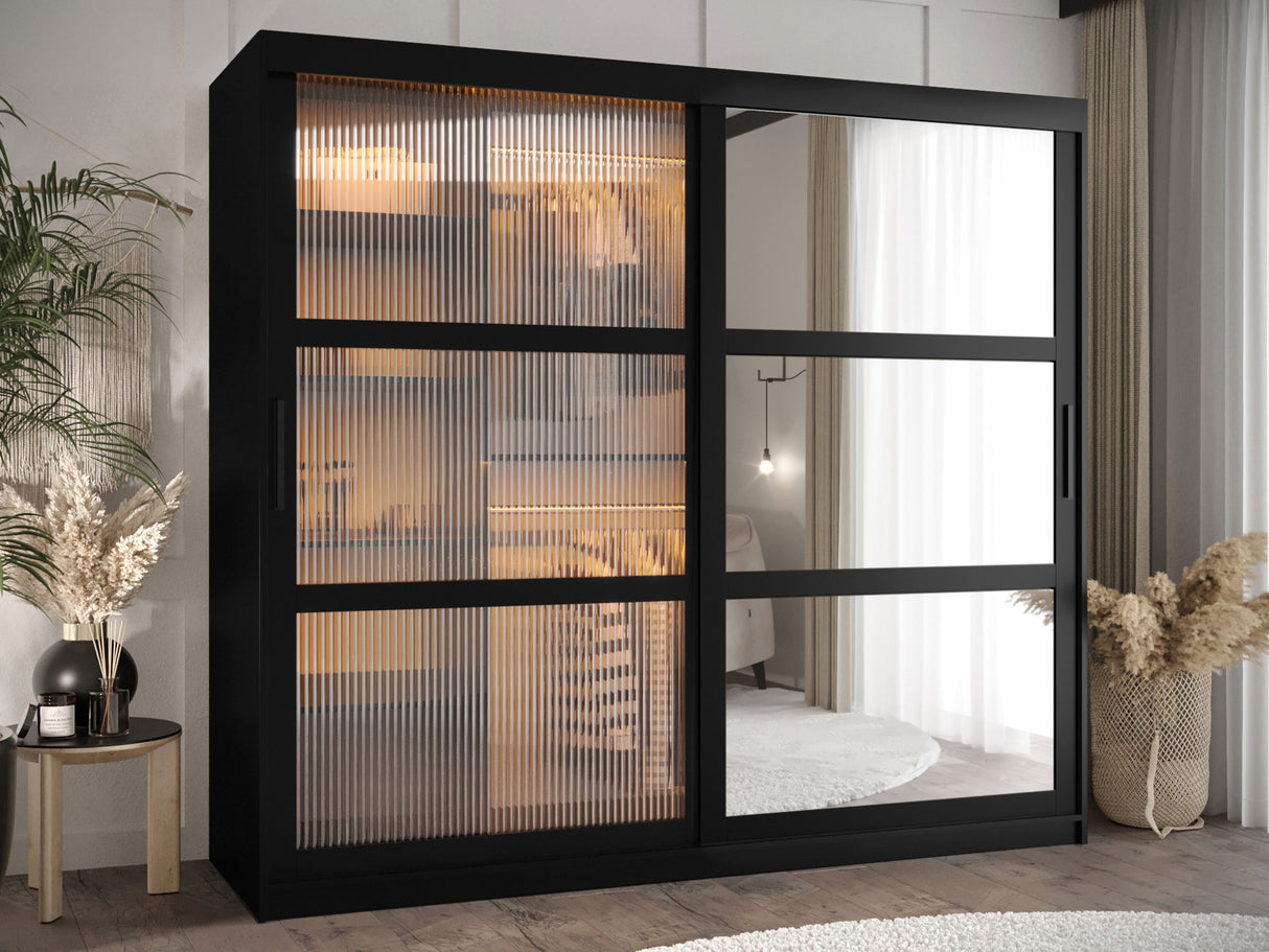 Gardróbszekrény Szafa 100 FLUTES 2, Szín: Fekete, Fiókok: Igen, Szélesség: 200 cm, Led világítás: Igen