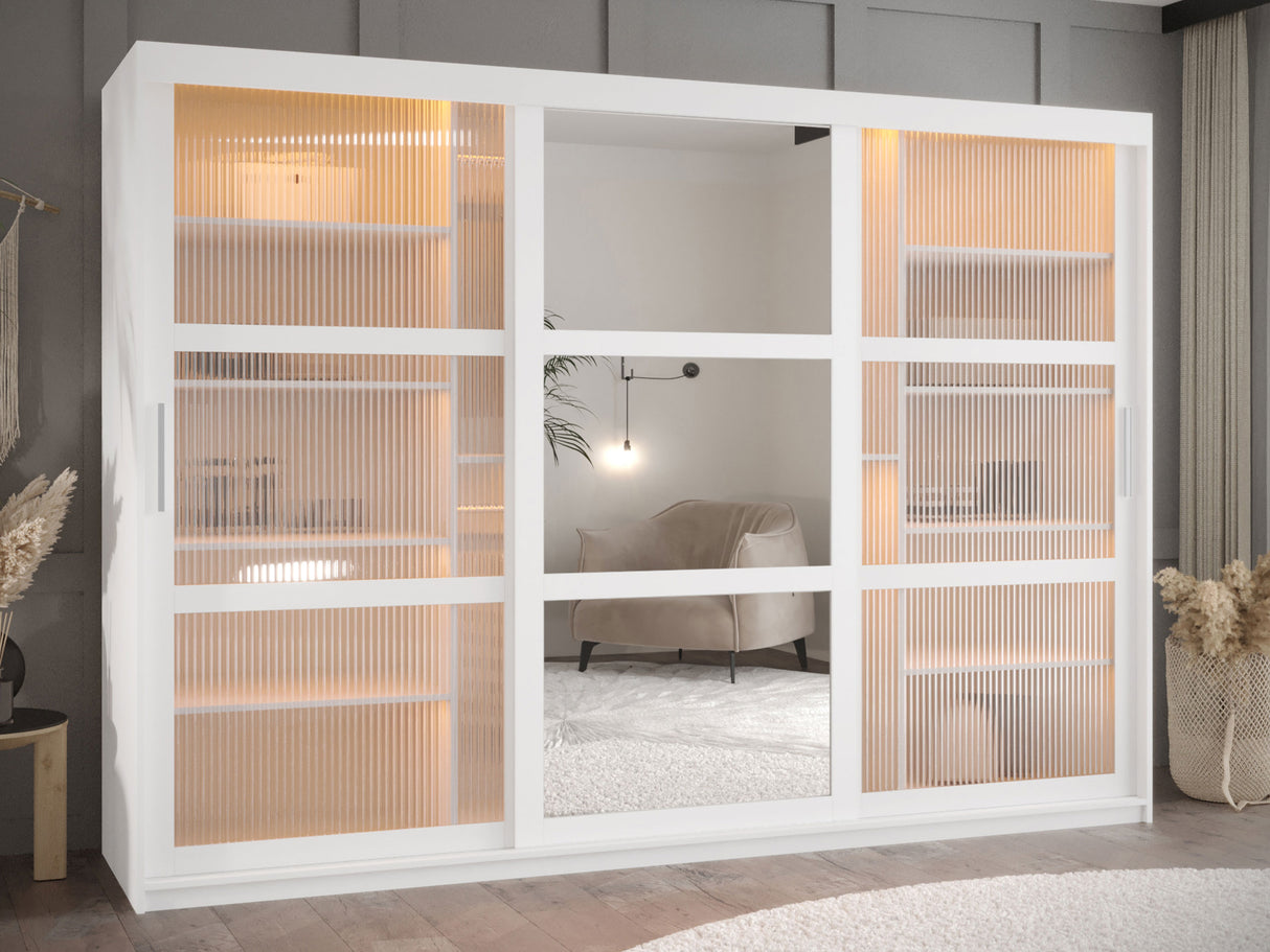 Gardróbszekrény Szafa 100 FLUTES 2, Szín: Fehér, Fiókok: Igen, Szélesség: 250 cm, Led világítás: Igen