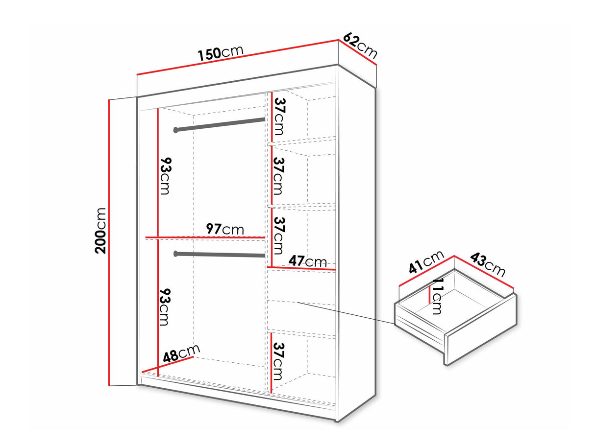 Gardróbszekrény Szafa 100 FLUTES 2, Szín: Fehér, Fiókok: Igen, Szélesség: 150 cm, Led világítás: Nem