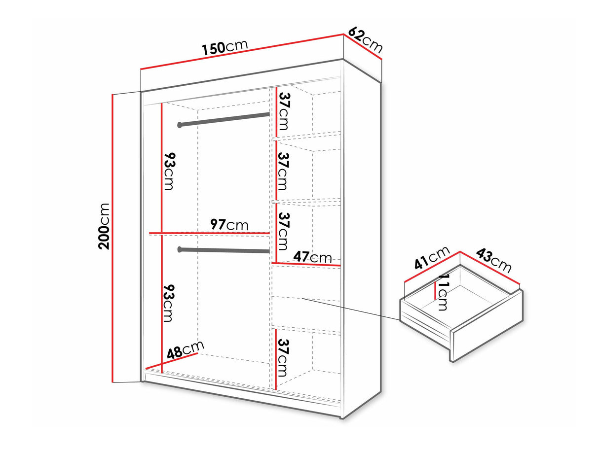 Gardróbszekrény Szafa 100 FLUTES 2, Szín: Fekete, Fiókok: Igen, Szélesség: 150 cm, Led világítás: Igen
