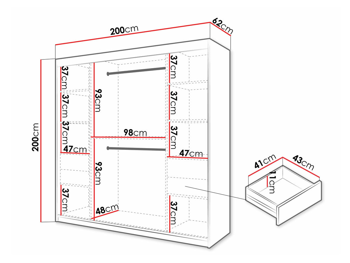 Gardróbszekrény Szafa 100 FLUTES 2, Szín: Fehér, Fiókok: Igen, Szélesség: 200 cm, Led világítás: Nem