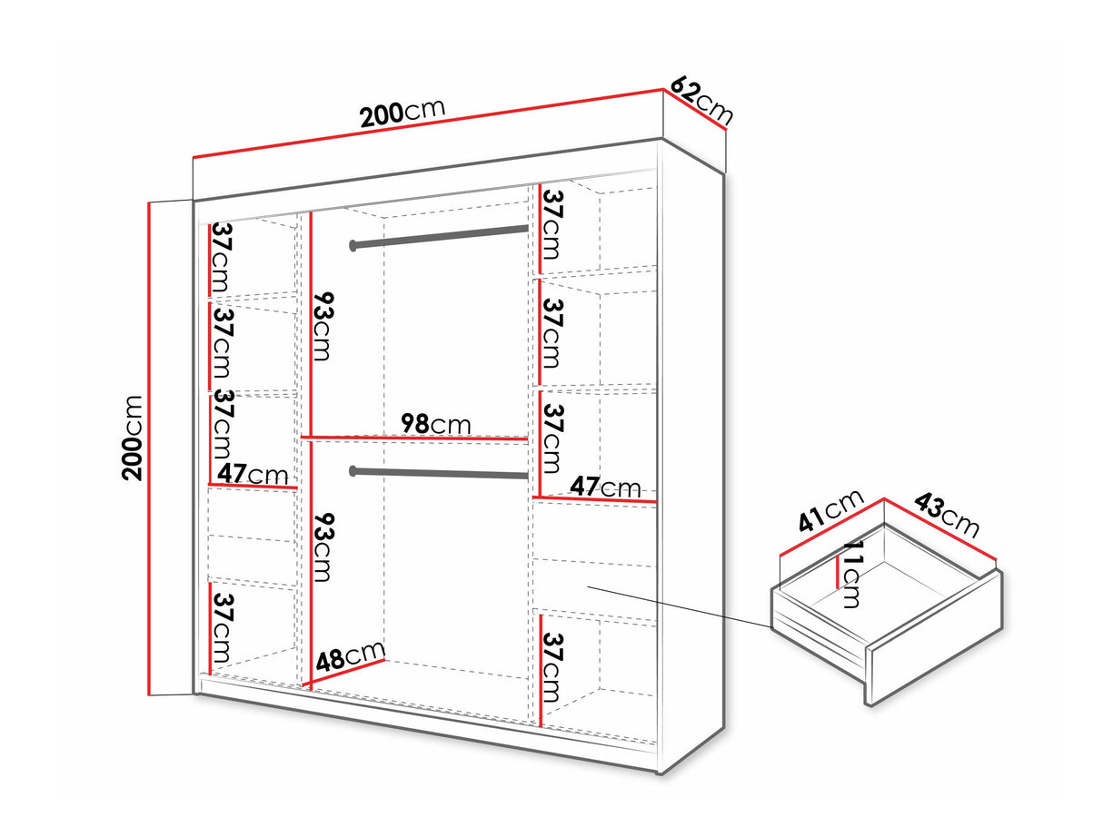 Gardróbszekrény Szafa 100 FLUTES 2, Szín: Fekete, Fiókok: Igen, Szélesség: 200 cm, Led világítás: Nem