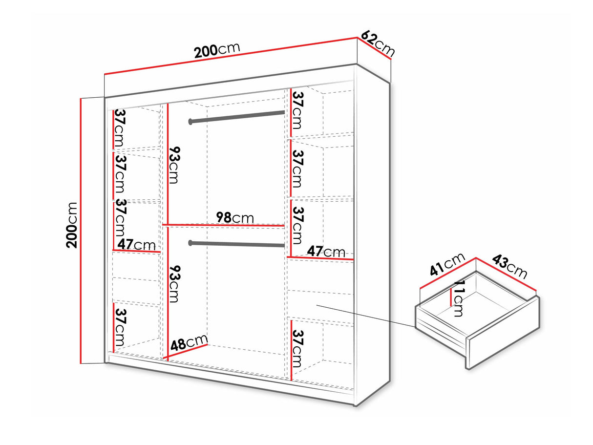 Gardróbszekrény Szafa 100 FLUTES 2, Szín: Fekete, Fiókok: Igen, Szélesség: 200 cm, Led világítás: Igen