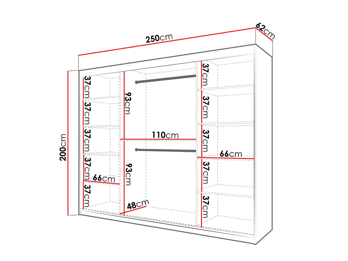 Gardróbszekrény Szafa 100 FLUTES 2, Szín: Fehér, Fiókok: Nem, Szélesség: 250 cm, Led világítás: Igen