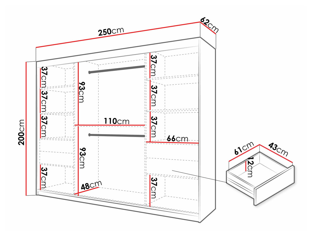 Gardróbszekrény Szafa 100 FLUTES 2, Szín: Fehér, Fiókok: Igen, Szélesség: 250 cm, Led világítás: Igen