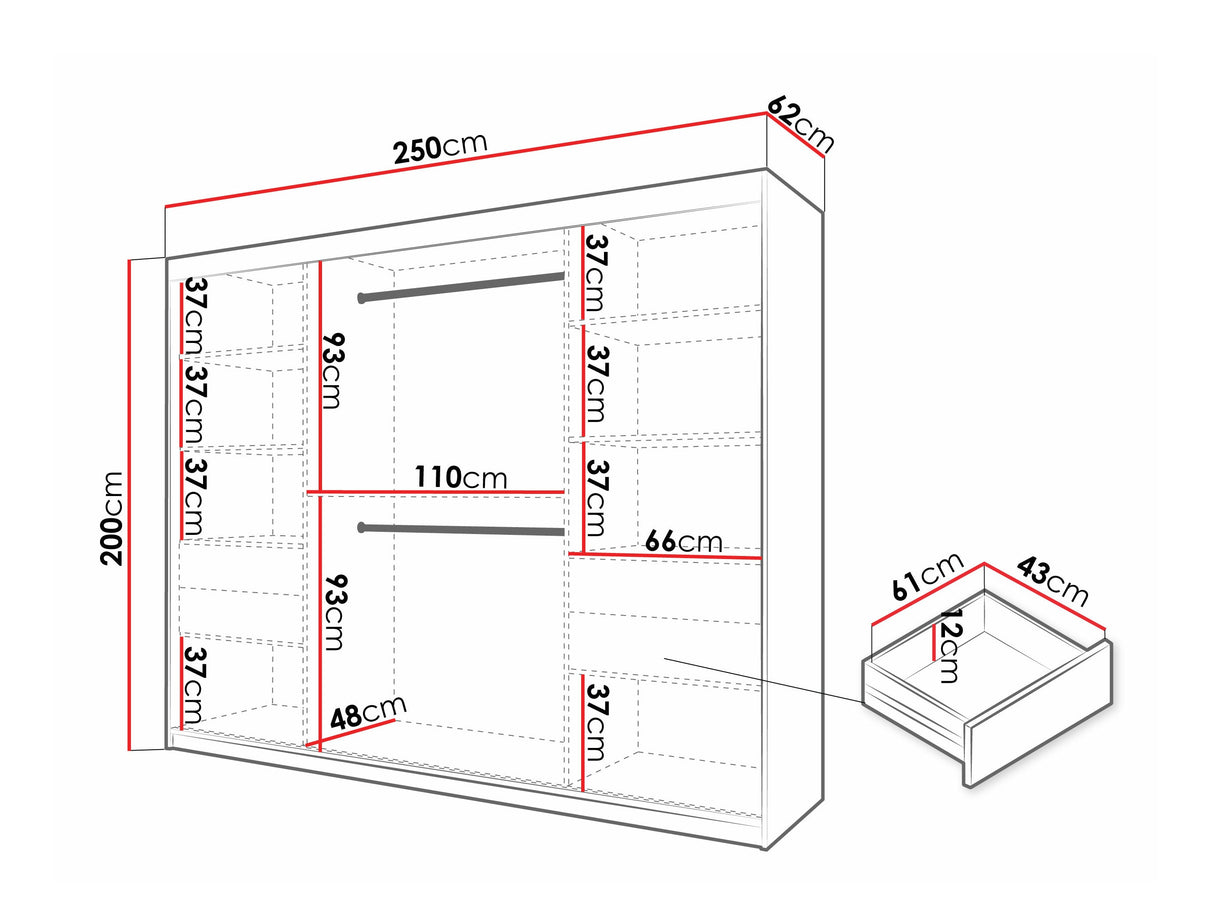 Gardróbszekrény Szafa 100 FLUTES 2, Szín: Fekete, Fiókok: Igen, Szélesség: 250 cm, Led világítás: Nem