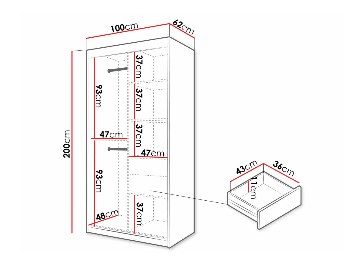 Gardróbszekrény Szafa 100 FLUTES 2, Szín: Fekete, Fiókok: Igen, Szélesség: 100 cm, Led világítás: Nem