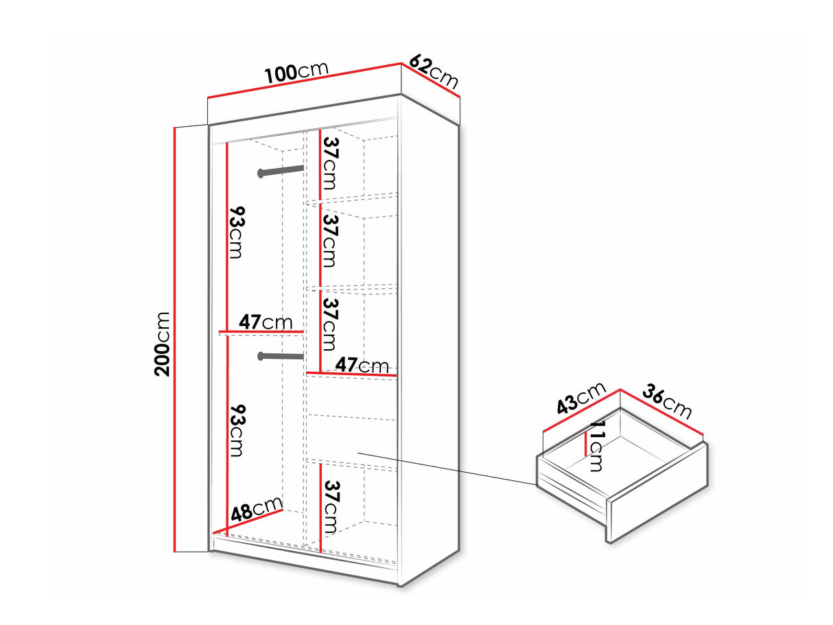 Gardróbszekrény Szafa 100 FLUTES 2, Szín: Fekete, Fiókok: Igen, Szélesség: 100 cm, Led világítás: Igen