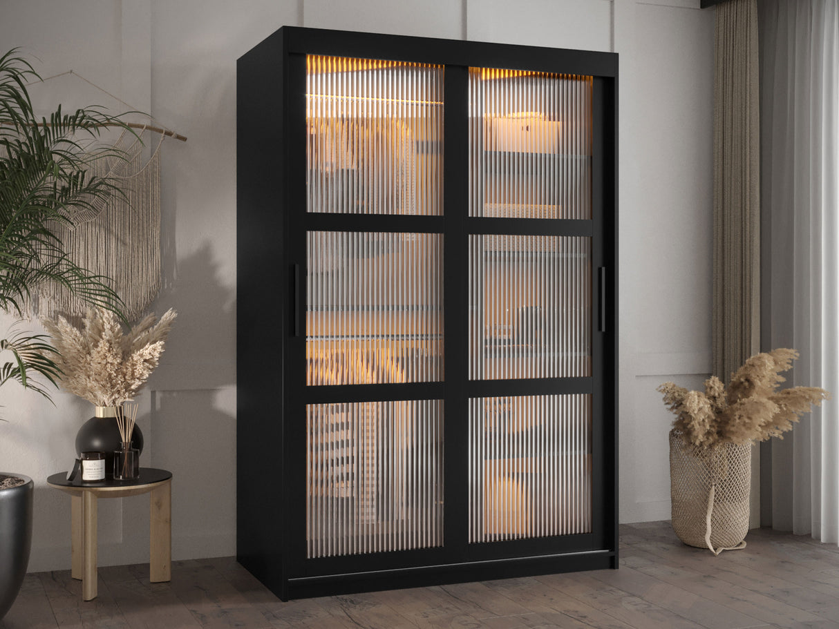 Gardróbszekrény Szafa 100 FLUTES, Szín: Fekete, Fiókok: Igen, Szélesség: 120 cm, Led világítás: Igen