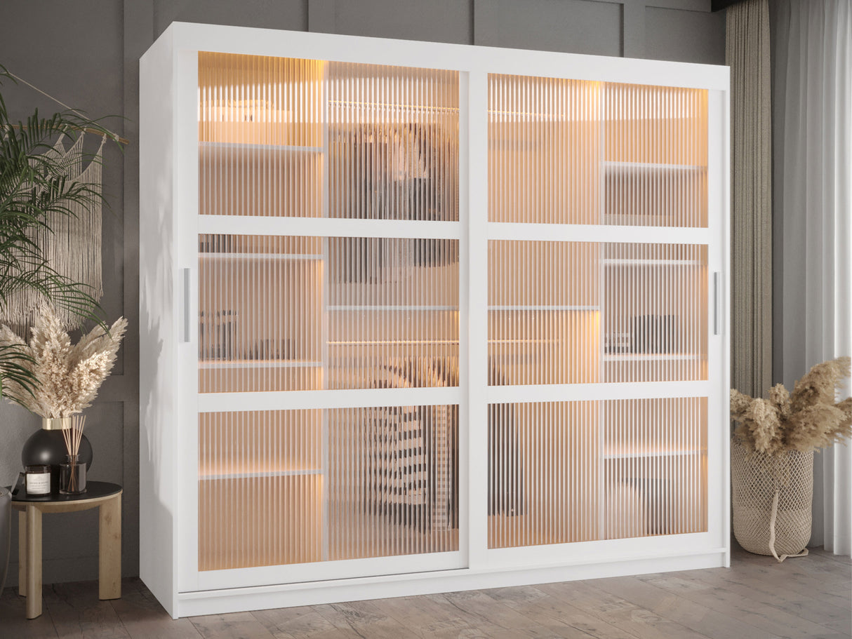 Gardróbszekrény Szafa 100 FLUTES, Szín: Fehér, Fiókok: Igen, Szélesség: 200 cm, Led világítás: Igen