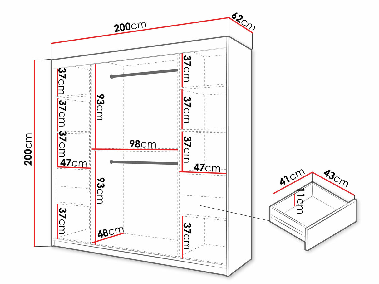 Gardróbszekrény Szafa 100 FLUTES, Szín: Fehér, Fiókok: Igen, Szélesség: 200 cm, Led világítás: Igen