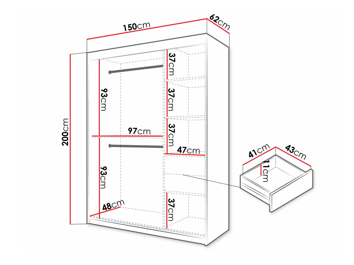 Gardróbszekrény Szafa 100 FLUTES, Szín: Fehér, Fiókok: Igen, Szélesség: 150 cm, Led világítás: Igen