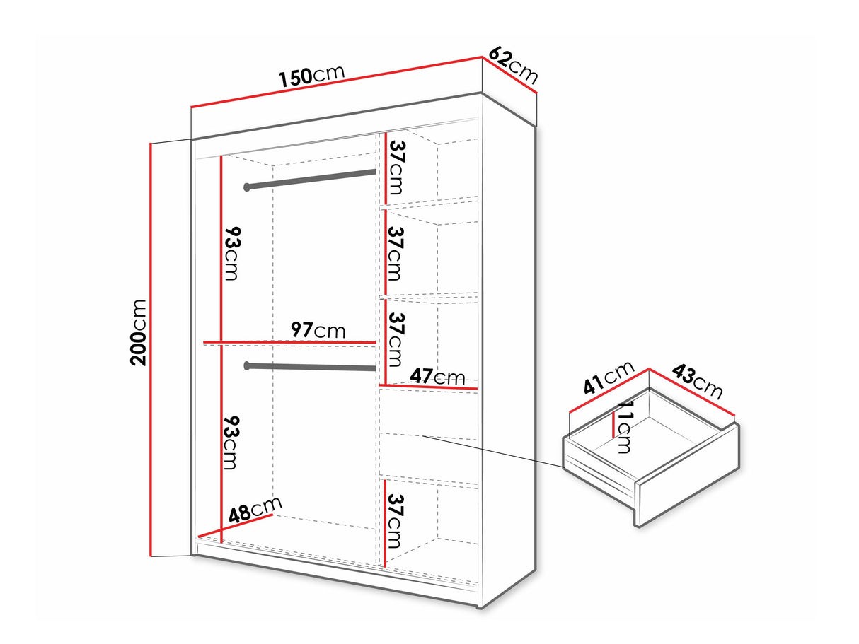 Gardróbszekrény Szafa 100 FLUTES, Szín: Fehér, Fiókok: Igen, Szélesség: 150 cm, Led világítás: Nem