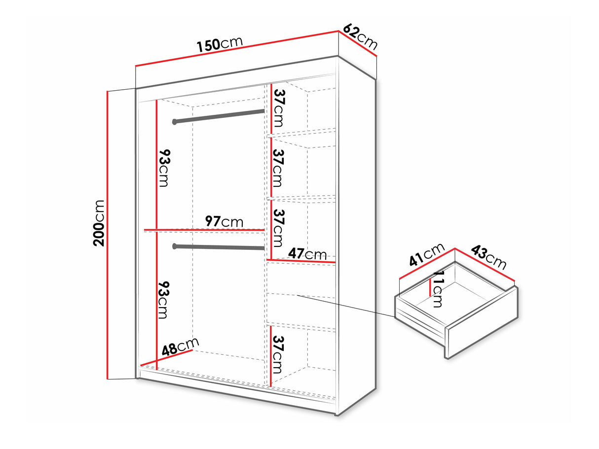 Gardróbszekrény Szafa 100 FLUTES, Szín: Fekete, Fiókok: Igen, Szélesség: 150 cm, Led világítás: Igen