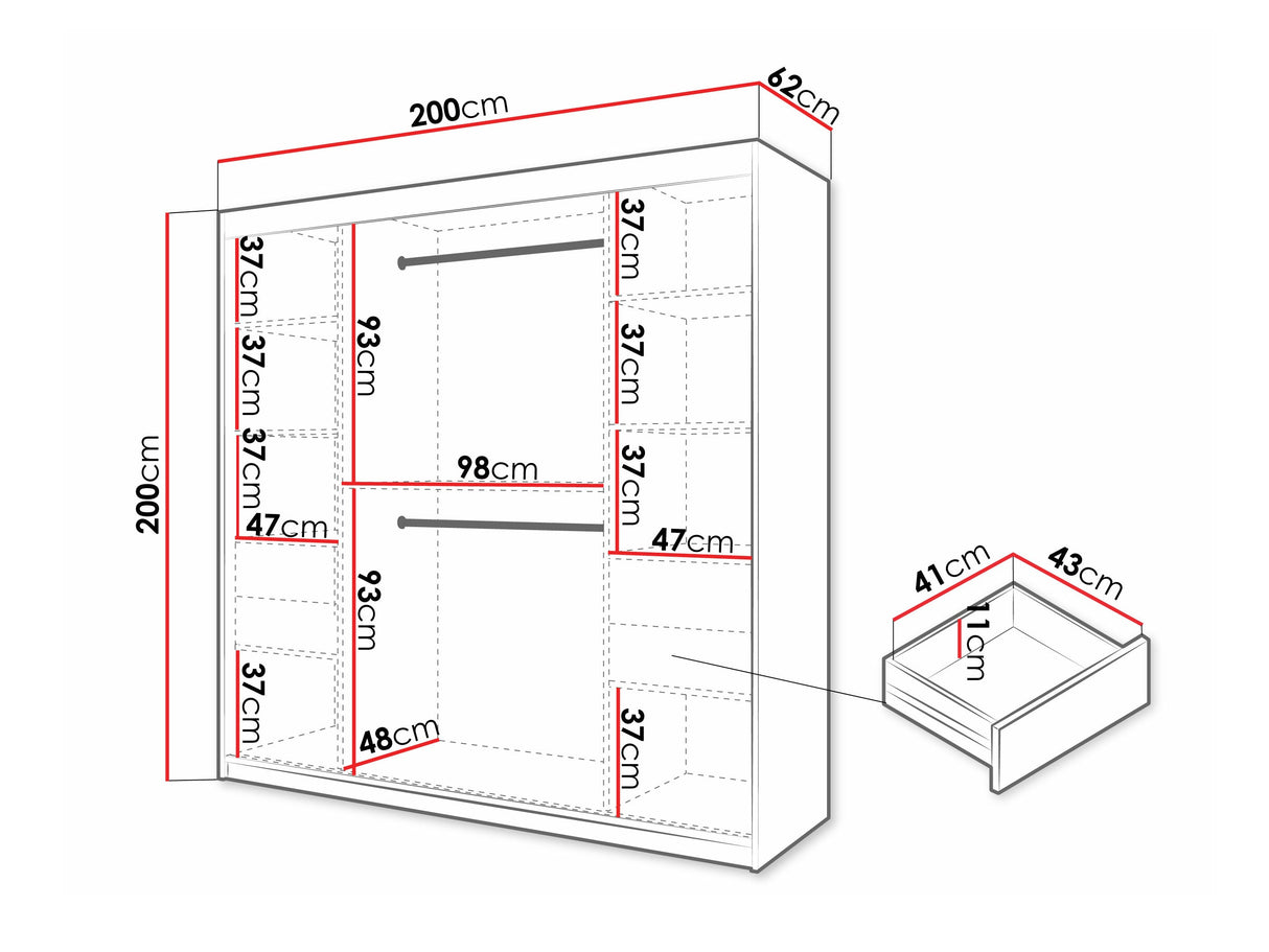 Gardróbszekrény Szafa 100 FLUTES, Szín: Fekete, Fiókok: Igen, Szélesség: 200 cm, Led világítás: Igen