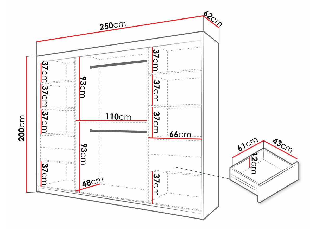 Gardróbszekrény Szafa 100 FLUTES, Szín: Fekete, Fiókok: Igen, Szélesség: 250 cm, Led világítás: Nem