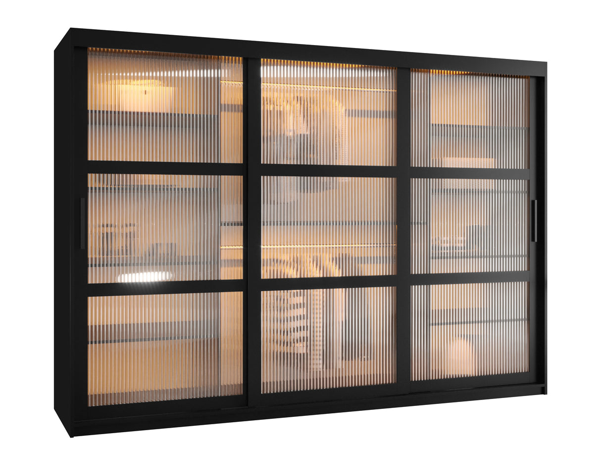 Gardróbszekrény Szafa 100 FLUTES, Szín: Fekete, Fiókok: Igen, Szélesség: 250 cm, Led világítás: Igen