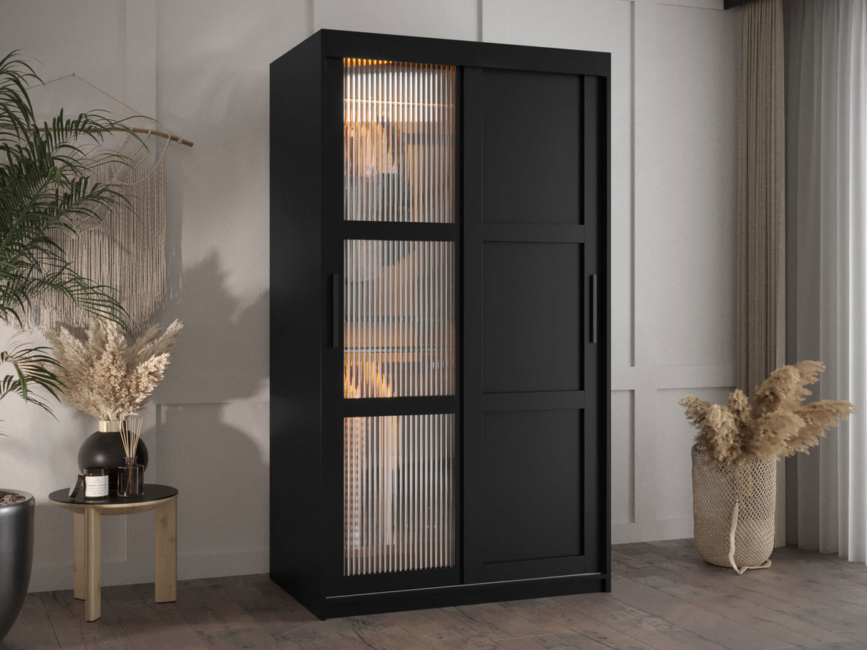 Gardróbszekrény Szafa FLUTES 3, Szín: Fekete, Fiókok: Igen, Szélesség: 100 cm, Led világítás: Igen