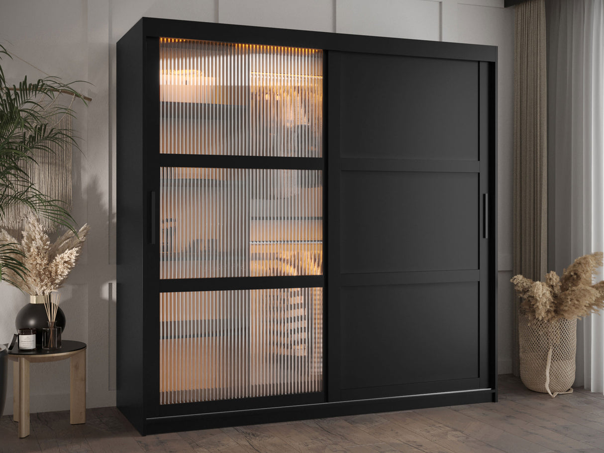 Gardróbszekrény Szafa FLUTES 3, Szín: Fekete, Fiókok: Nem, Szélesség: 180 cm, Led világítás: Igen