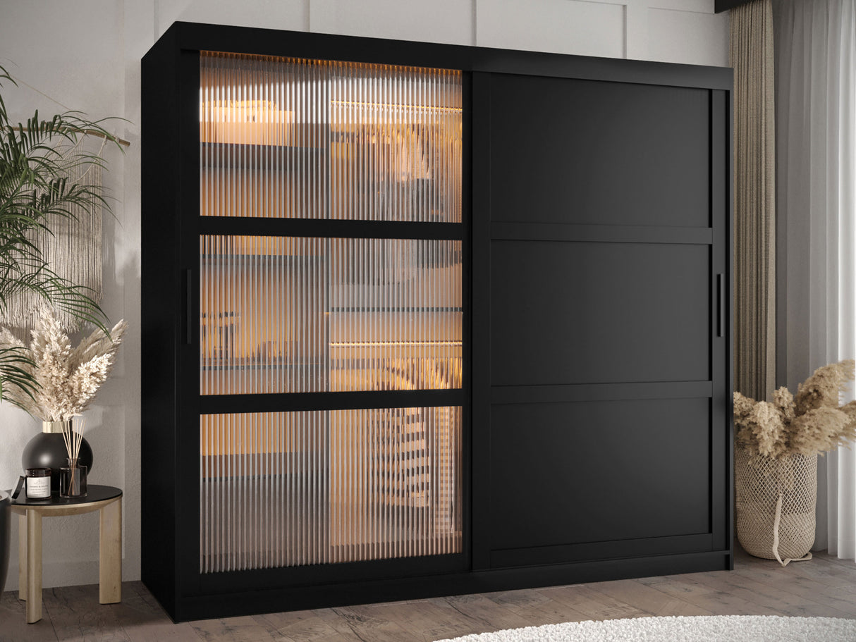 Gardróbszekrény Szafa FLUTES 3, Szín: Fekete, Fiókok: Igen, Szélesség: 200 cm, Led világítás: Igen
