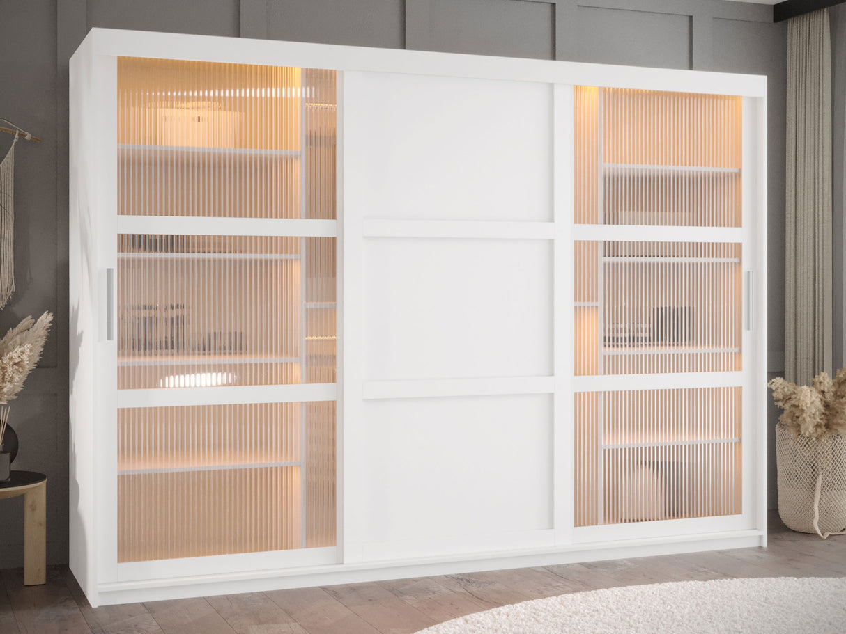 Gardróbszekrény Szafa FLUTES 3, Szín: Fehér, Fiókok: Igen, Szélesség: 250 cm, Led világítás: Igen