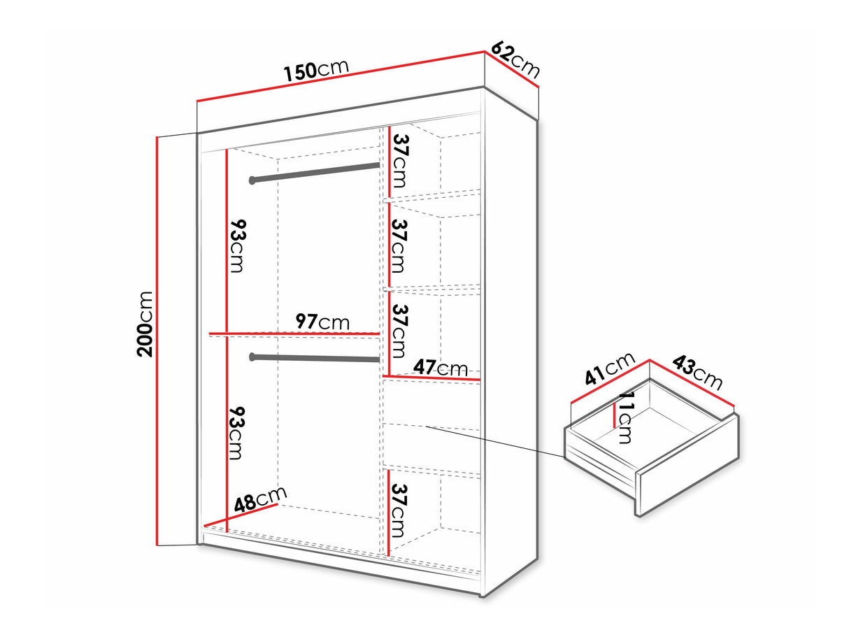 Gardróbszekrény Szafa FLUTES 3, Szín: Fehér, Fiókok: Igen, Szélesség: 150 cm, Led világítás: Nem