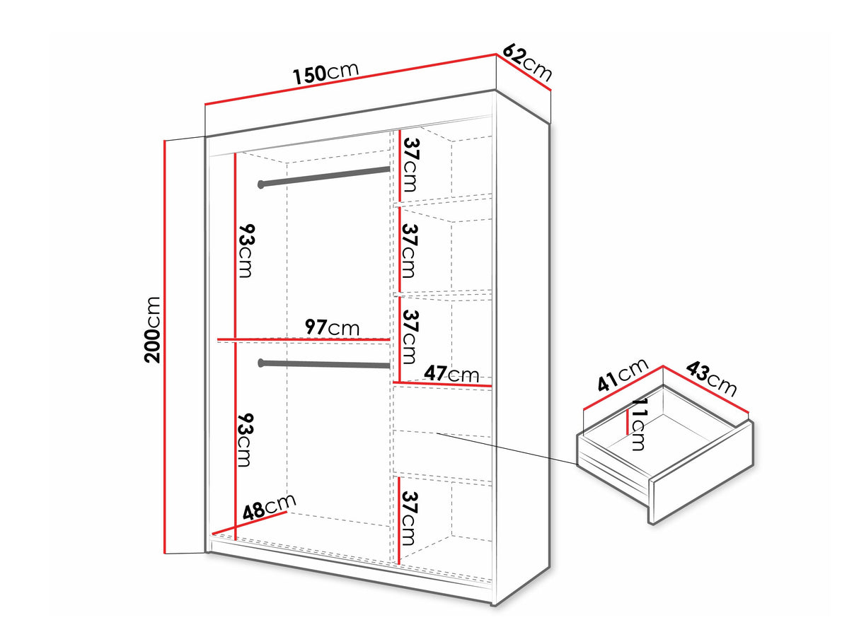 Gardróbszekrény Szafa FLUTES 3, Szín: Fehér, Fiókok: Igen, Szélesség: 150 cm, Led világítás: Igen