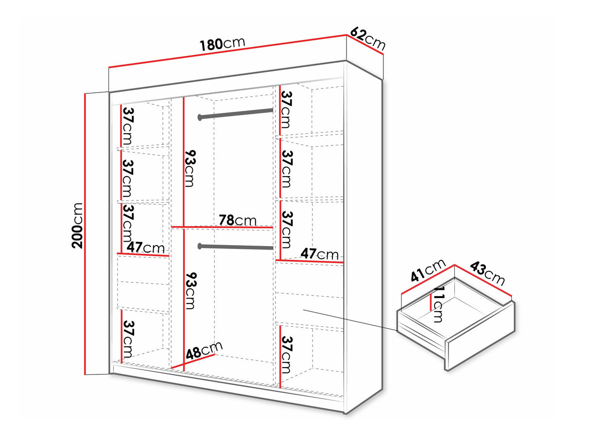 Gardróbszekrény Szafa FLUTES 3, Szín: Fehér, Fiókok: Igen, Szélesség: 180 cm, Led világítás: Nem