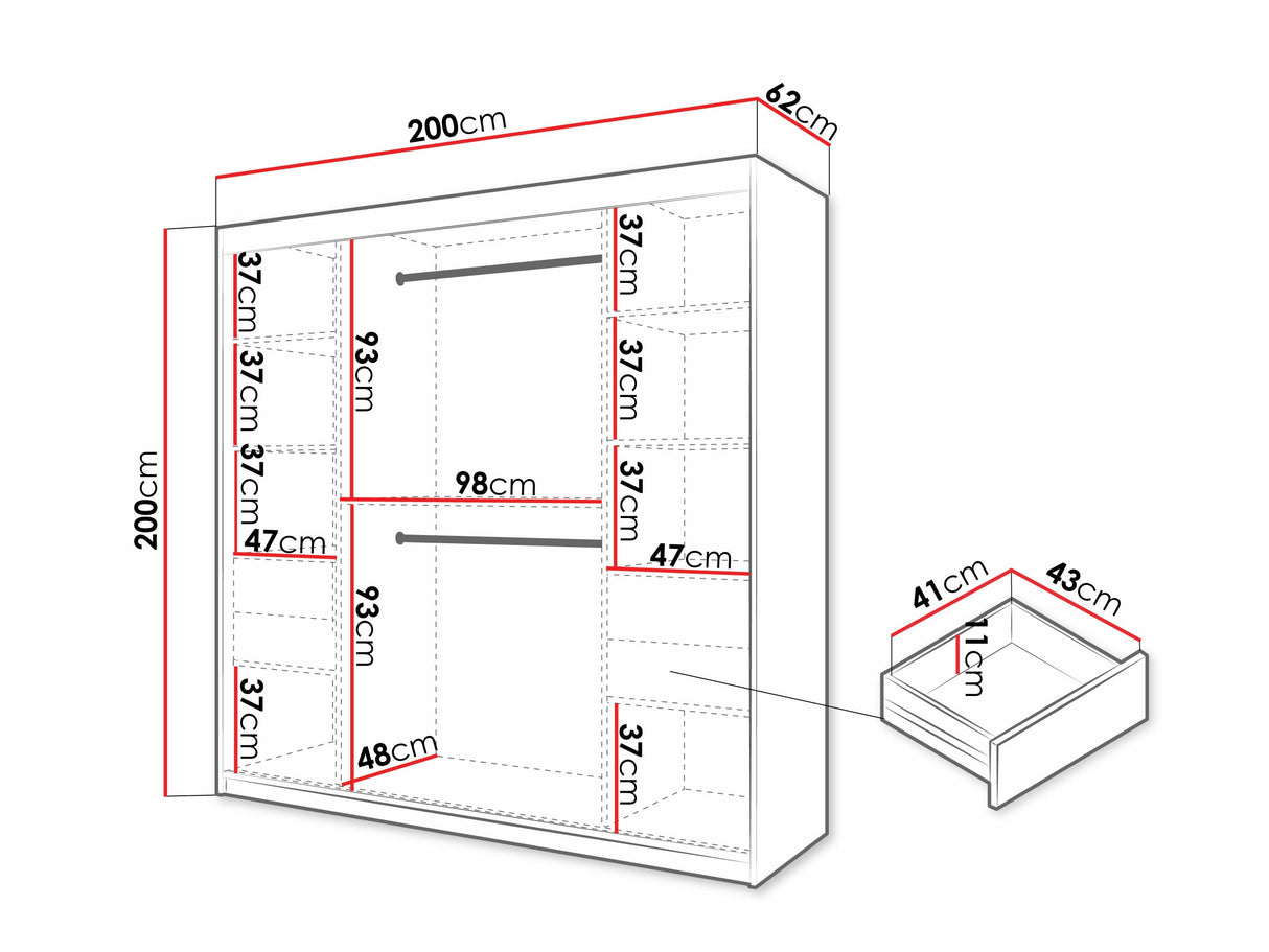 Gardróbszekrény Szafa FLUTES 3, Szín: Fehér, Fiókok: Igen, Szélesség: 200 cm, Led világítás: Nem