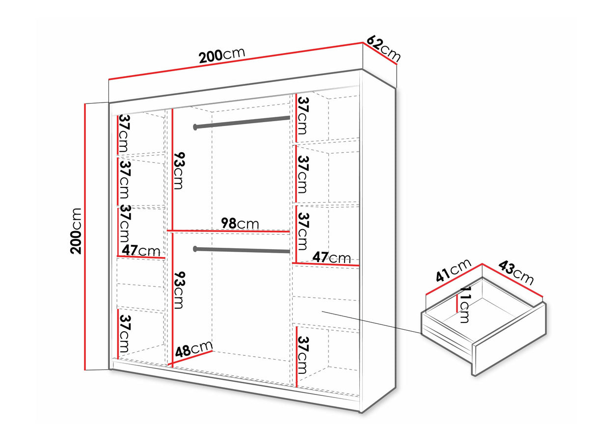 Gardróbszekrény Szafa FLUTES 3, Szín: Fehér, Fiókok: Igen, Szélesség: 200 cm, Led világítás: Igen