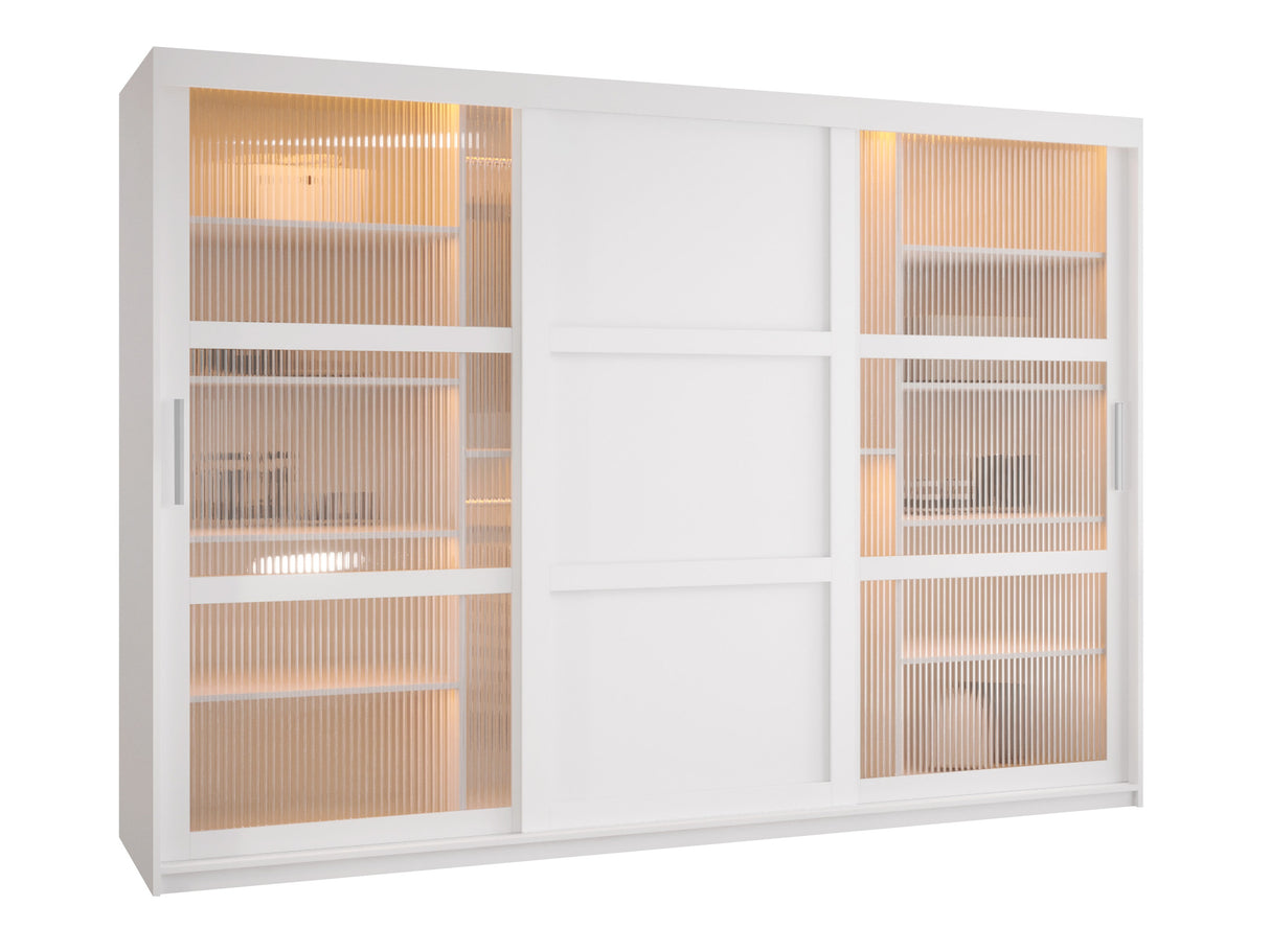 Gardróbszekrény Szafa FLUTES 3, Szín: Fehér, Fiókok: Igen, Szélesség: 250 cm, Led világítás: Igen