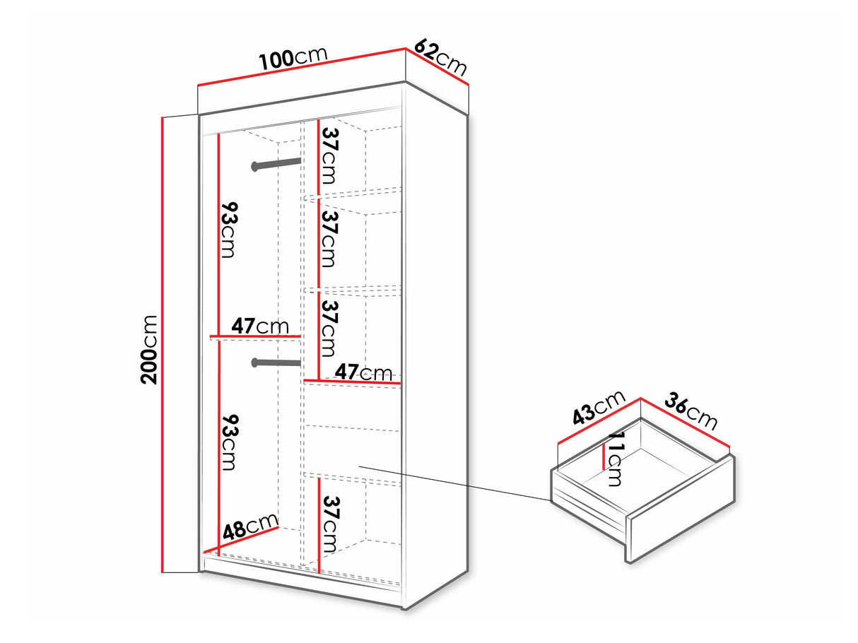 Gardróbszekrény Szafa FLUTES 3, Szín: Fekete, Fiókok: Igen, Szélesség: 100 cm, Led világítás: Nem