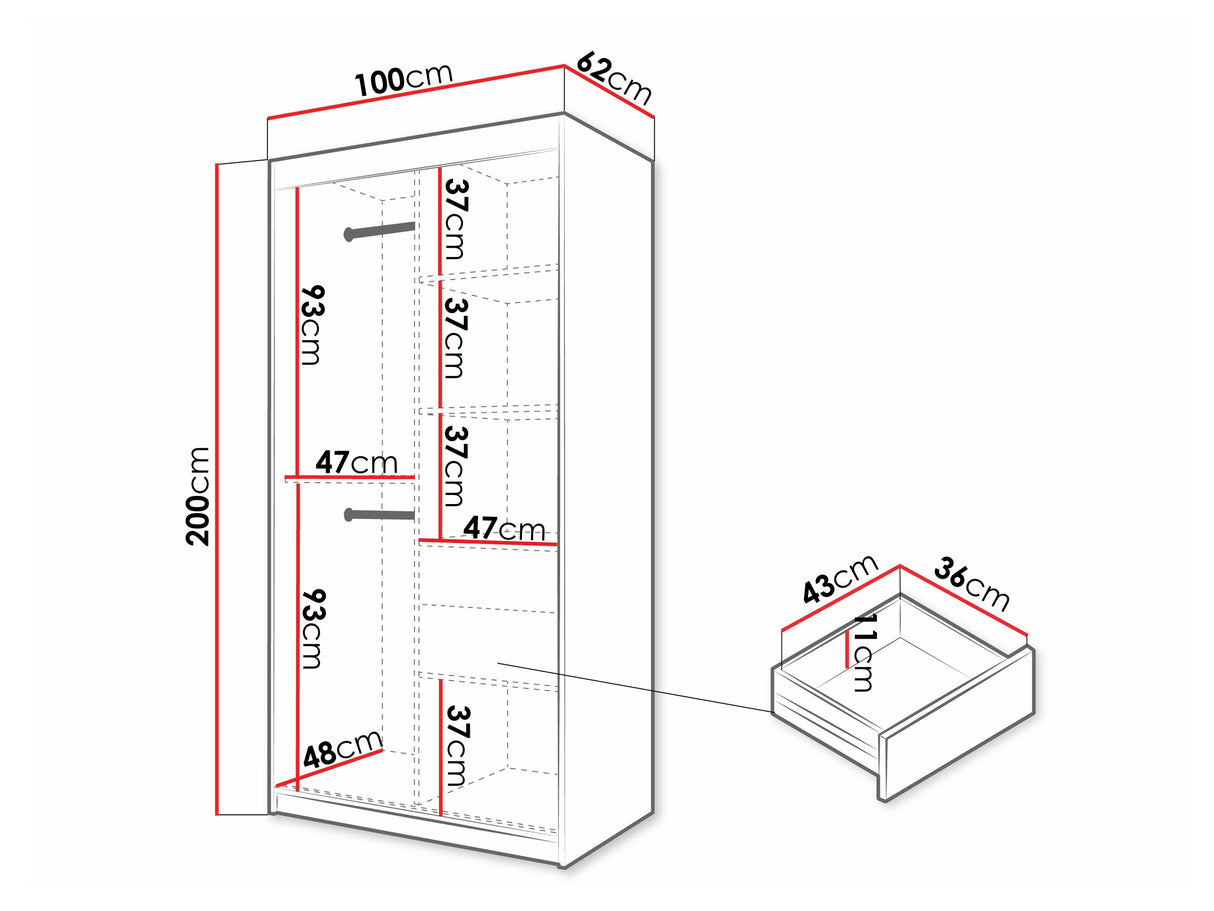 Gardróbszekrény Szafa FLUTES 3, Szín: Fekete, Fiókok: Igen, Szélesség: 100 cm, Led világítás: Igen