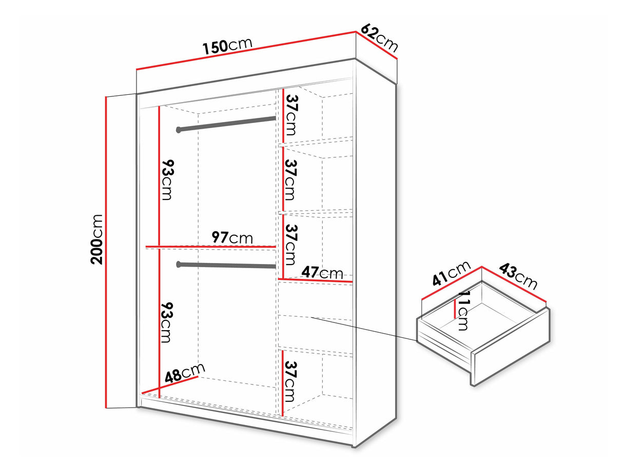 Gardróbszekrény Szafa FLUTES 3, Szín: Fekete, Fiókok: Igen, Szélesség: 150 cm, Led világítás: Nem