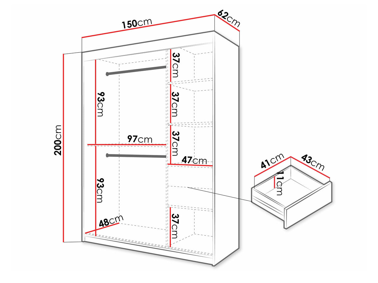 Gardróbszekrény Szafa FLUTES 3, Szín: Fekete, Fiókok: Igen, Szélesség: 150 cm, Led világítás: Igen
