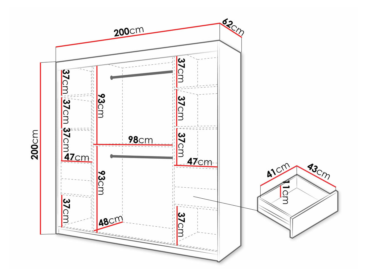 Gardróbszekrény Szafa FLUTES 3, Szín: Fekete, Fiókok: Igen, Szélesség: 200 cm, Led világítás: Nem