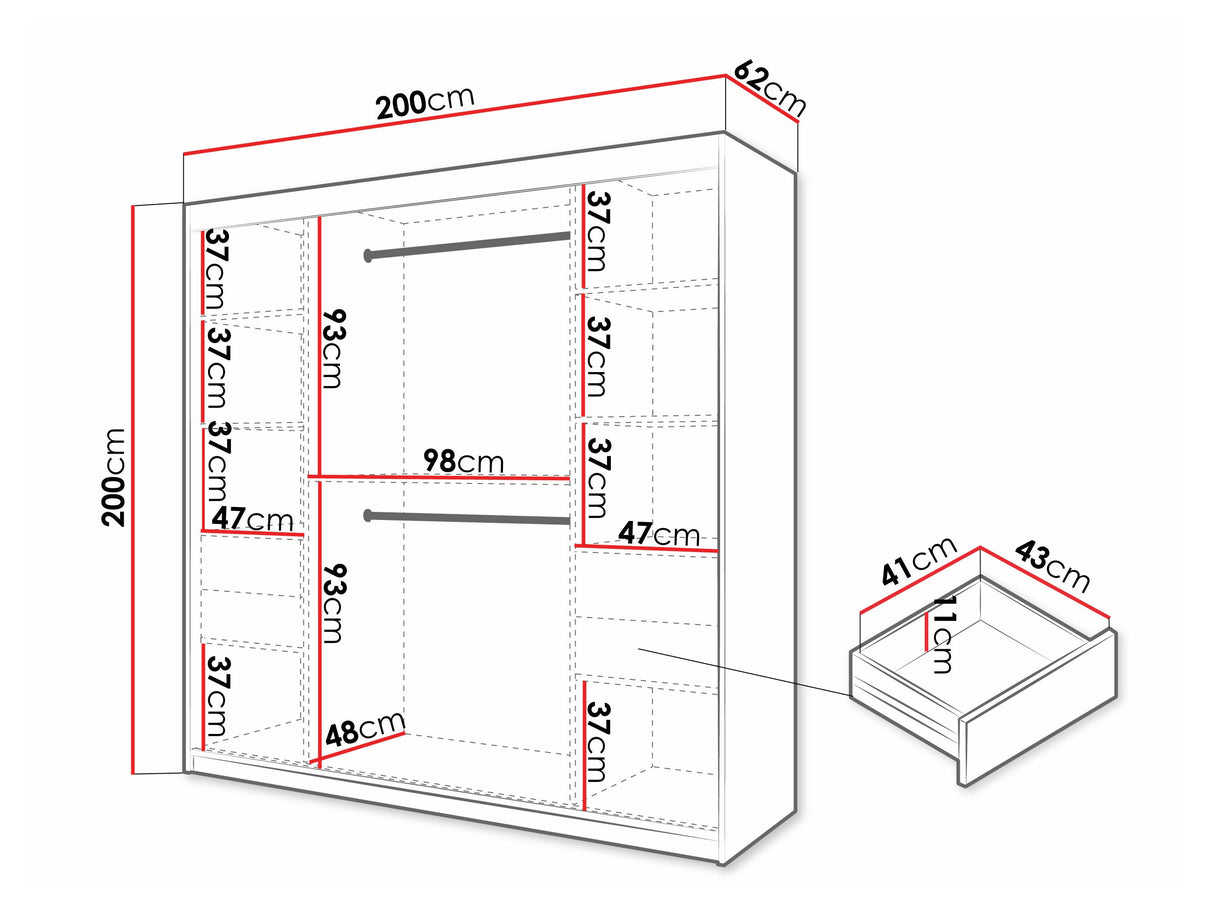 Gardróbszekrény Szafa FLUTES 3, Szín: Fekete, Fiókok: Igen, Szélesség: 200 cm, Led világítás: Igen