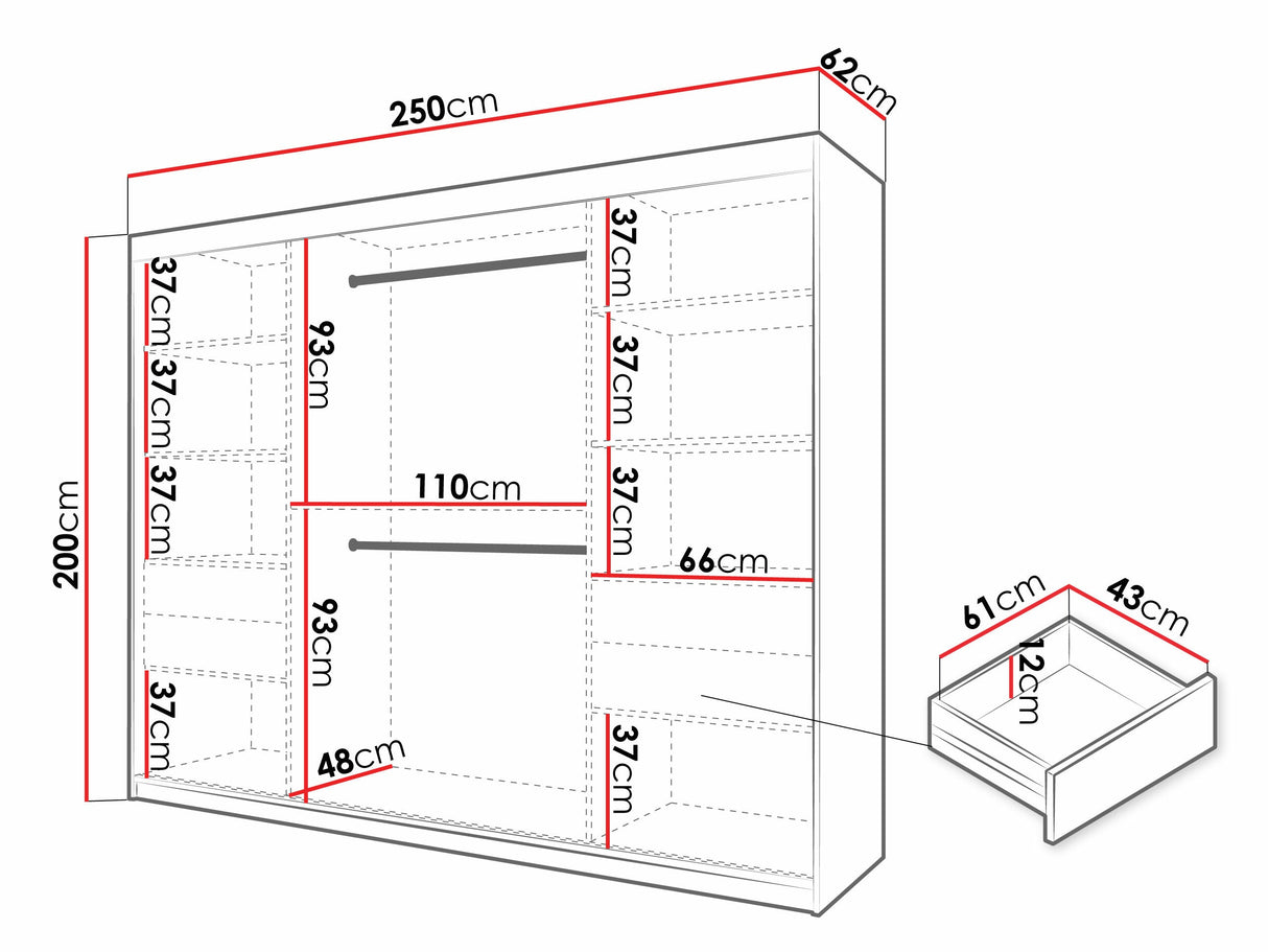 Gardróbszekrény Szafa FLUTES 3, Szín: Fekete, Fiókok: Igen, Szélesség: 250 cm, Led világítás: Nem
