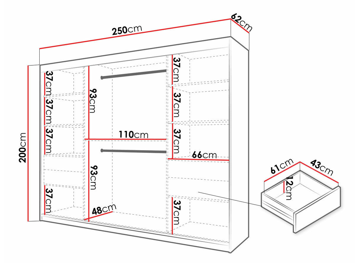 Gardróbszekrény Szafa FLUTES 3, Szín: Fekete, Fiókok: Igen, Szélesség: 250 cm, Led világítás: Igen